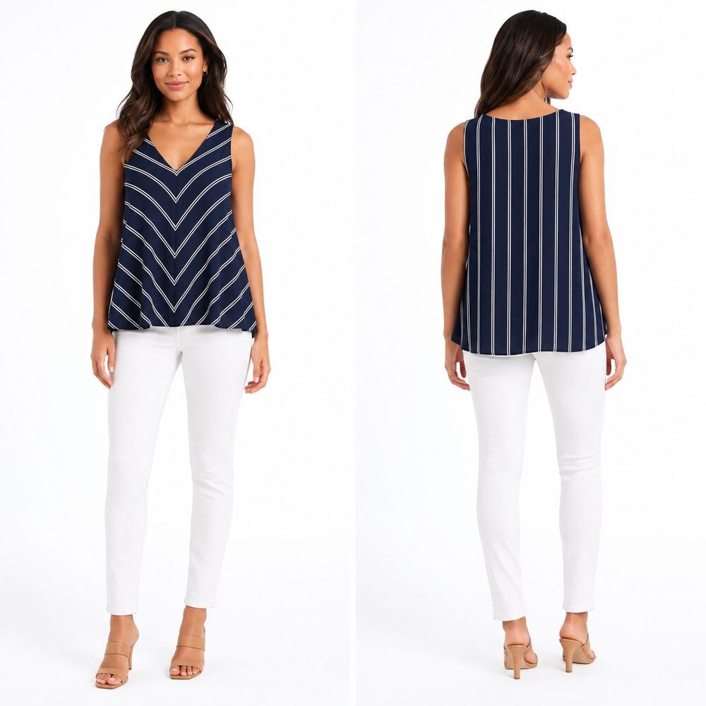 Cynthia Rowley Navy White Chevron Striped V-Neck Lined Sleeveless Blouse Large